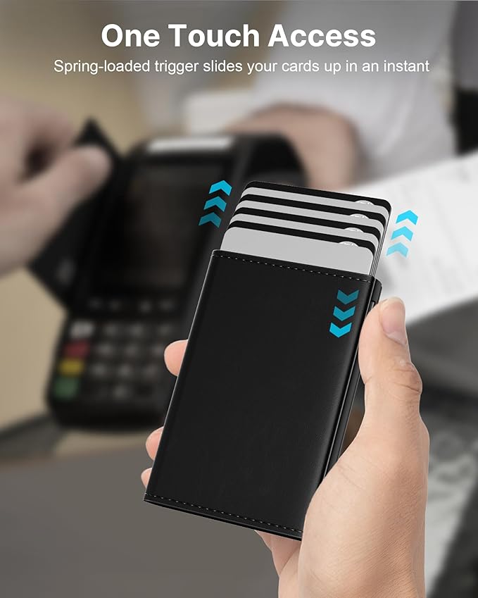 typecase Mens Wallet Card Holder: Pop Up Aluminum Case, Genuine Leather, Smart, RFID Blocking, Slim, Minimalist, Front Pocket - 9-14 Card Capacity | ID Window | Cash Slot (Deep Black)