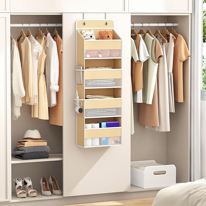 1 Pack 4-Tier Over the Door Organizer, Heavy-Duty Large Deep Pocket Hanging With 4 Large Front & 4 Side Pockets With for Pantry, Kitchen, Bathroom, Dorm, Beige