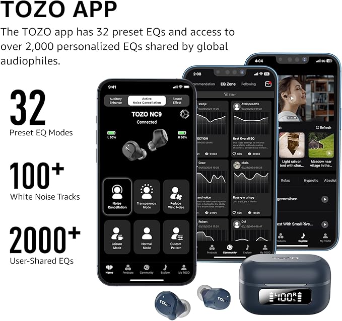 TOZO NC9 Hybrid Active Noise Cancelling Wireless Earbuds, 6 Mics ENC Clear Call, IPX8 Waterproof, in Ear Bluetooth 5.3 Headphones Stereo Bass Ear Buds 59H Playtime with LED Display 32 EQs via APP
