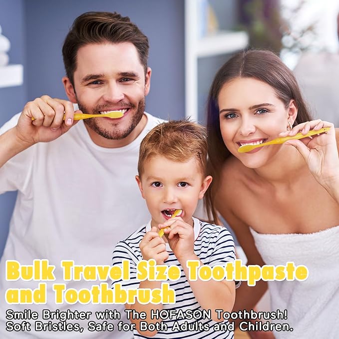 HOFASON Disposable Toothbrushes with Toothpaste Pack of 100, Yellow Hollow Travel Toothbrush Set with 5g Toothpaste Individually Wrapped Toothpaste Bulk for Homeless, Nursing Home, Shelter, Hotel