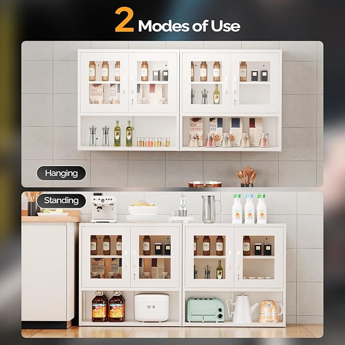 VINGLI Metal Wall Cabinet with Locking Glass Doors, Adjustable Shelf, Wall Mounted Storage Display Cabinets for Garage, Kitchen, Home Office, Warehouse, Living Room, White