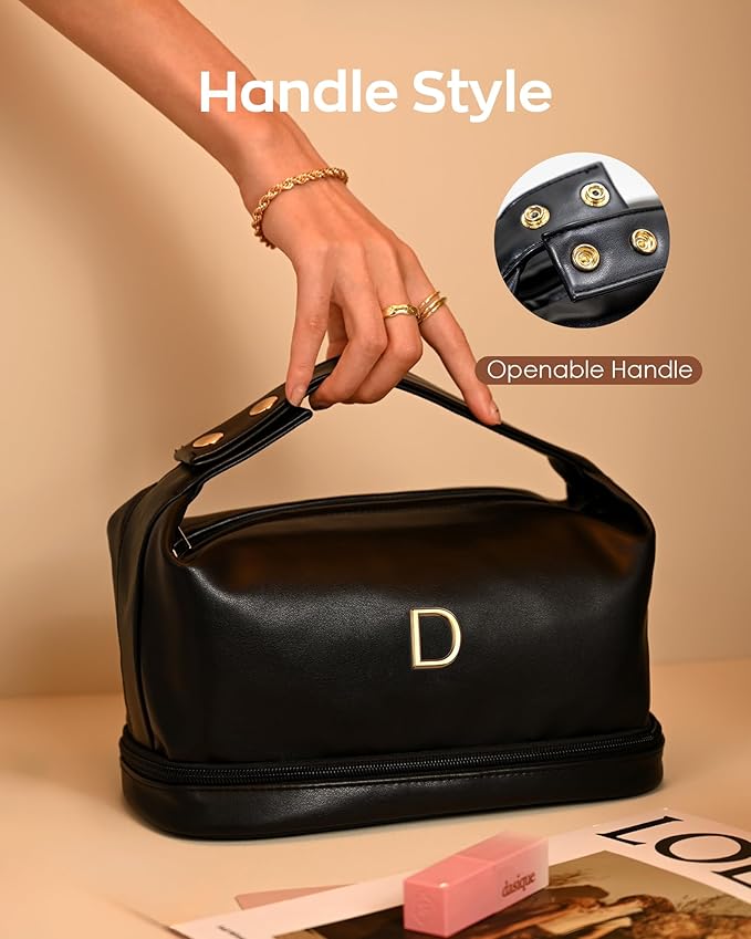 Gift for Her, Personalized Makeup Bags with Handle, Waterproof Double Layer Cosmetic Bag, PU Leather Makeup Bags Letter Travel Toiletry Bag with Makeup Brush Organizer