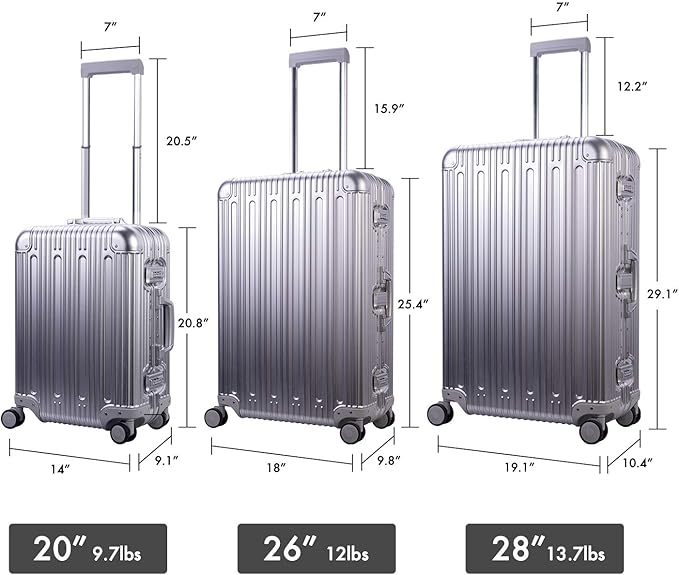 TRAVELKING All Aluminum Luggage Carry On Spinner Hard Shell Suitcase Lightweight Metal Suitcases 20“ & 28 Inch Luggage Set