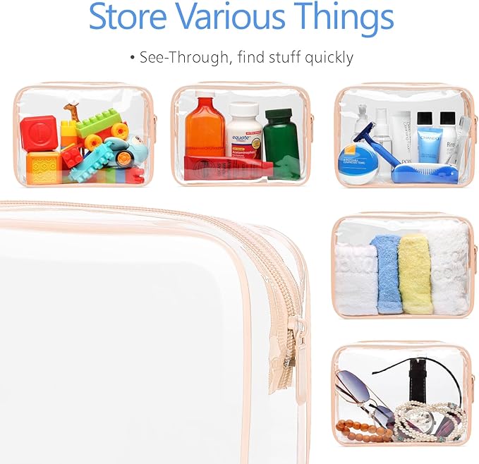PACKISM TSA Approved Toiletry Bag - 4 Pack Upgrade Color-Edged Clear Makeup Bag, Clear Toiletry Bag For Traveling Fits Various Storage Needs, Pink