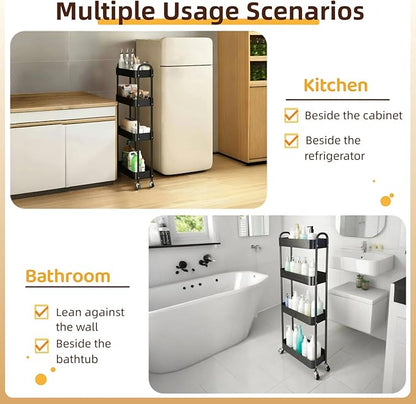 4 Tier Slim Storage Cart with Wheels for Laundry Room Between Washer and Dryer, 7.1'' Narrow Rolling Cart with Wheels and Lockable Casters, Metal Thin Standing Shelf for Small Space, Black