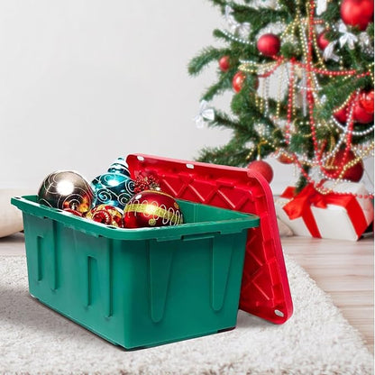 HOMZ 2-Pack Durabilt, Heavy Duty Plastic Storage Bins with Lids, 15 Gallon, Green/Red - Stackable Container Boxes for Holiday, Attic, and Garage Organization