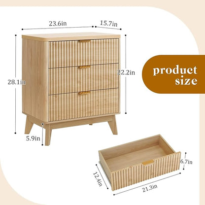 LYNCOHOME Fluted Night Stand with 3 Drawers, Modern Wood Chest of Bedside Table with Curved Profile, Fluted Dresser Organizer for Bedroom
