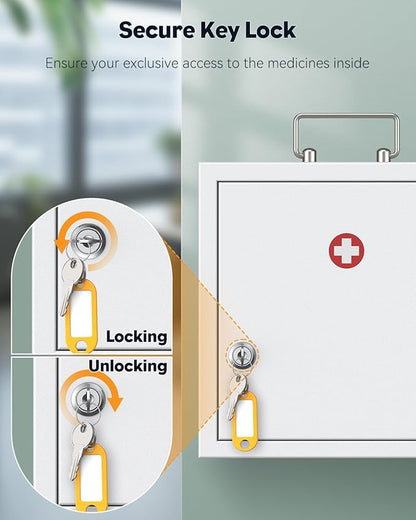 Uniclife Wall Mount Medicine Cabinet with Key Lock & Handle Locking First Aid Cabinet Lockable Medical Cabinet Medium Medicine Organizer Secure Steel Wall Cabinet Metal Storage Box, White