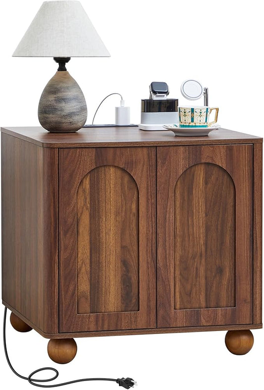 Bed Side Table with Charging Station, Mid Century Modern Nightstand with 2 Doors, Square End Table with Storage for Couch,Living Room,Small Spaces, Sofa Side Table for Office,Dorm - Walnut