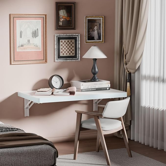 IAE Wall Mounted Folding Table with Pine Wood,24" x 14" Floating Wall Desk,Laundry Folding Table with Shelf Bracket,Fold Down Desk Shelf,Folding Workbench for Home,Dining, Laundry Room,Kitchen,White