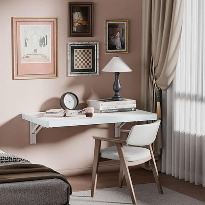 IAE Wall Mounted Folding Table with Pine Wood,24" x 14" Floating Wall Desk,Laundry Folding Table with Shelf Bracket,Fold Down Desk Shelf,Folding Workbench for Home,Dining, Laundry Room,Kitchen,White