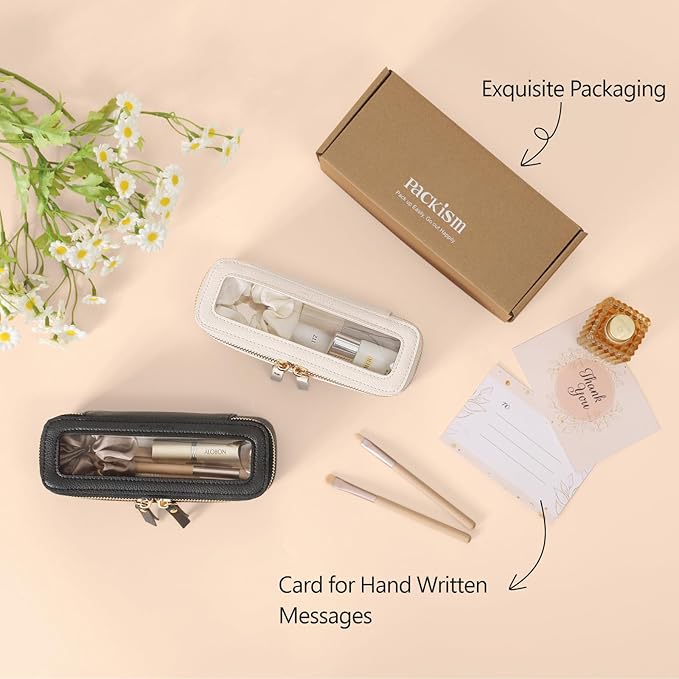 PACKISM Slim Clear Makeup Brush Bag, Pebbled Texture & Hard PU Leather Small Cosmetic Brush Holder, Mini Toiletry Bag Make up Bags with Message Card, Cute Travel Essentials Bag (Cream)