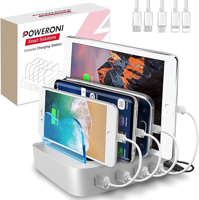 4 Port USB Charging Station - Charging Dock for Multiple Devices - Multi Device Charger Station - Compatible with Apple, iPad, iPhone, and Android - Universal Charge Rack for Phones and Tablets