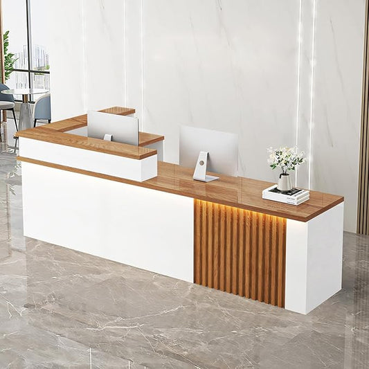 Receptionist Desk with LED Light，Wooden Salon Checkout Counter with Storage Drawer & Keyboard Tray Modern L-Shaped Reception Desk for Barbershop Office Company Store