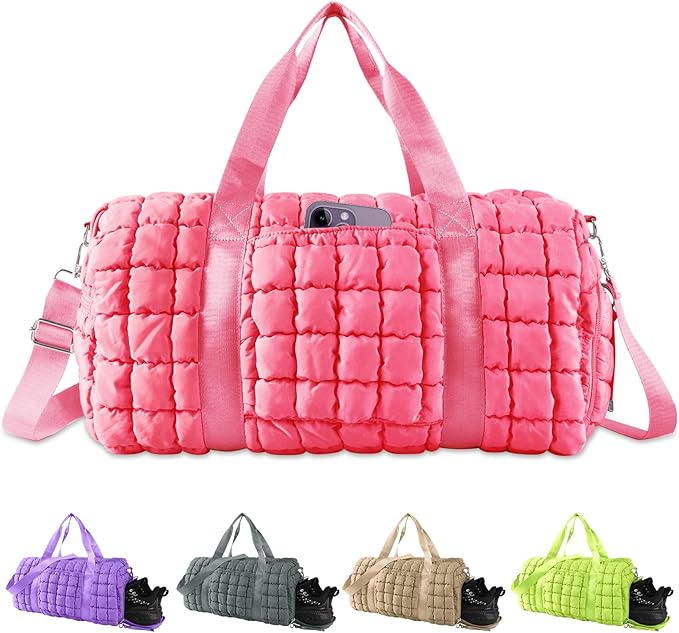 Quilted Travel Duffle Bag Gym Bag for Women,Large Puffer Duffle Weekender Bag with Compartment,Workout Overnight Carry on Organizer Bag Duffle Bag for Airplane Travel(Pink)