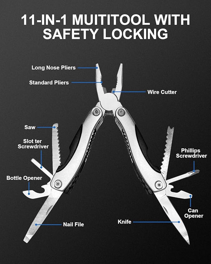 UNOONE 11-in-1 Multitool Pliers - Stainless Steel Pocket Knife with Pliers, Screwdriver & Bottle Opener - Aluminum Handle EDC Knives for Survival, Camping, Hunting, Hiking - Gift for Men Women(Silver)