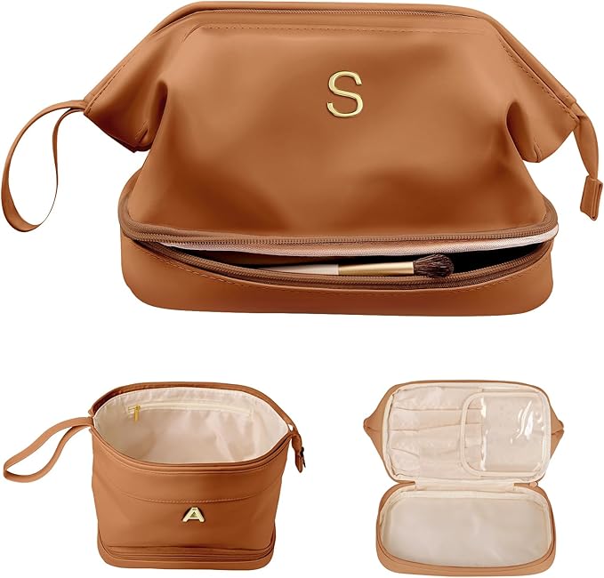 Gifts for Travelers, Personalized Makeup Bag, Monogrammed Gifts, Initial Double Layer Cosmetic Bag with Makeup Brush Organizer, Travel Toiletry Bag, Gifts for Female Mom, Teen Girl Gifts