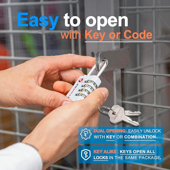 Forge Dual-Opening: Key or Combination Access Lock, TSA Approved Locks for Luggage, Pelican case, Travel, Gym, School, Stainless Steel Shackle. (White, 2 Pk)
