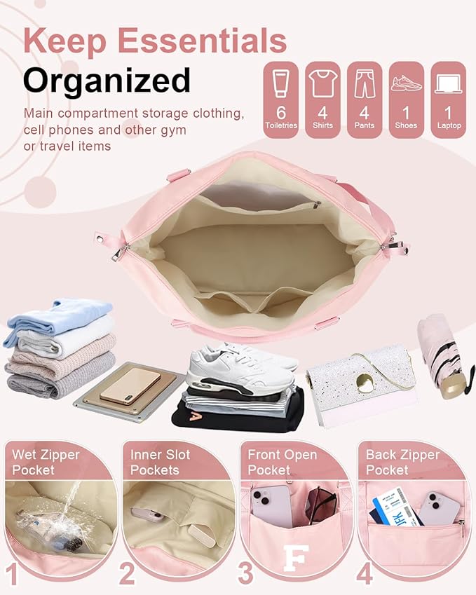Initial Travel Duffel Bag Sports Gym Bag for Girls Teen Birthday Gifts,Pink Personalized Weekender Bag Carry On Tote Bags for Women Men,Waterproof Overnight Luggage Bag with Trolley Sleeve(Letter F)