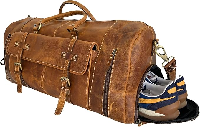 KomalC Leather Duffel Bags for Men and Women Full Grain Leather Travel Overnight Weekend Leather Bags Sports Gym Duffel for Men (Distressed Tan, 28 Inch)