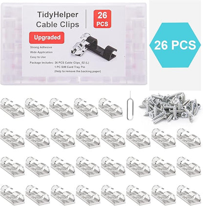 Cable Clips Clear (Large, 26PCS), Heavy Duty Extension Cord Clips Wall, Adhesive Wire Holders Clips Electric Wires Cord Organizer, Powre Cable, PC, Ethernet, TV-Coax, LED Light Clips