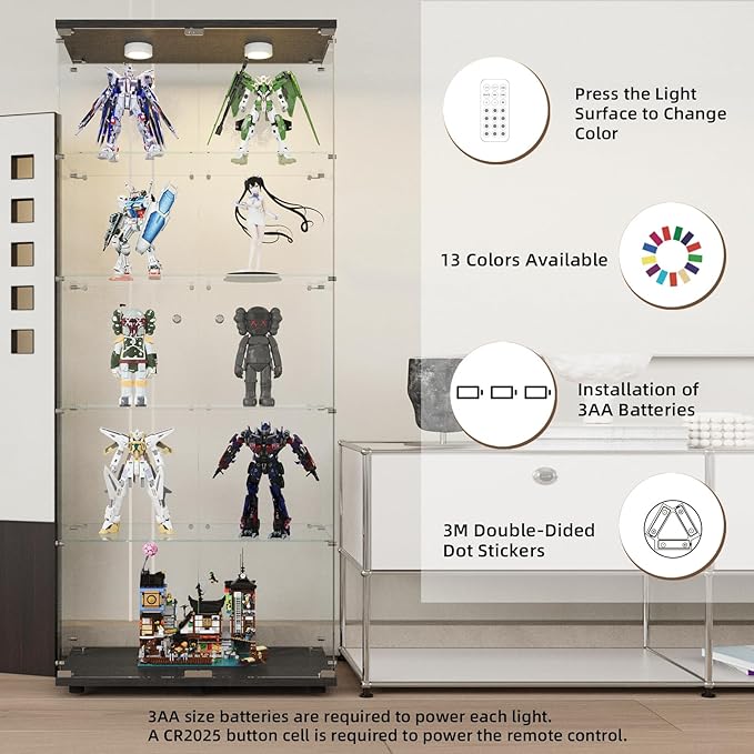 Beauty4U Glass Display Cabinet with Lights, 5 Shelves with 2 Doors, Curio Cabinets for Living Room, Bedroom, Office, Black Floor Standing Glass Bookshelf, Quick Installation