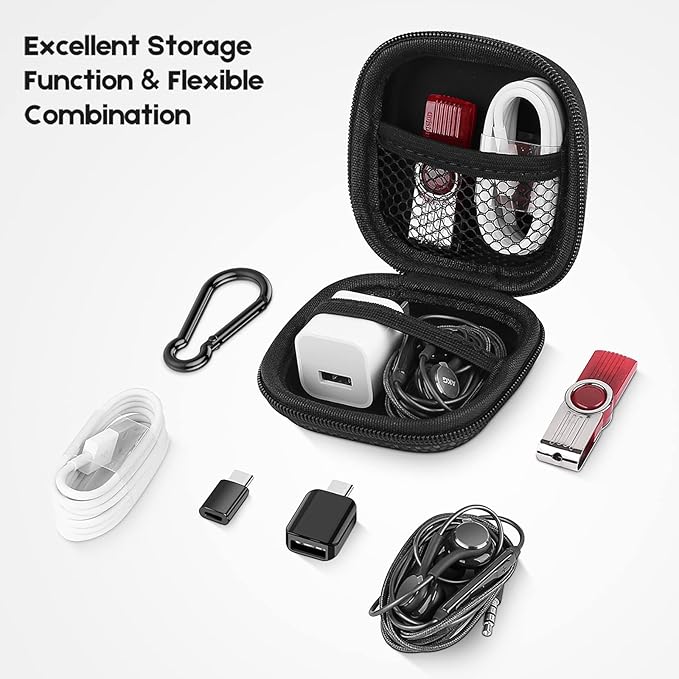 Earbud Case Hard EVA Earphone Carrying Case Cell Phone Accessories Storage Bag with Carabiner for Airpods Headset Earphone Flash Drive Charging Cable Key Wall Charger USB Adapter Cable (Blue 4Pack)