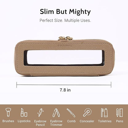 Aveniee Clear Makeup Brush Bag, Slim Cosmetic Brush Holder, Small Travel Toiletry Bag for Women, Thin Make up Bags with Dual Zipper, Mini Travel Essentials Organizer - Taupe