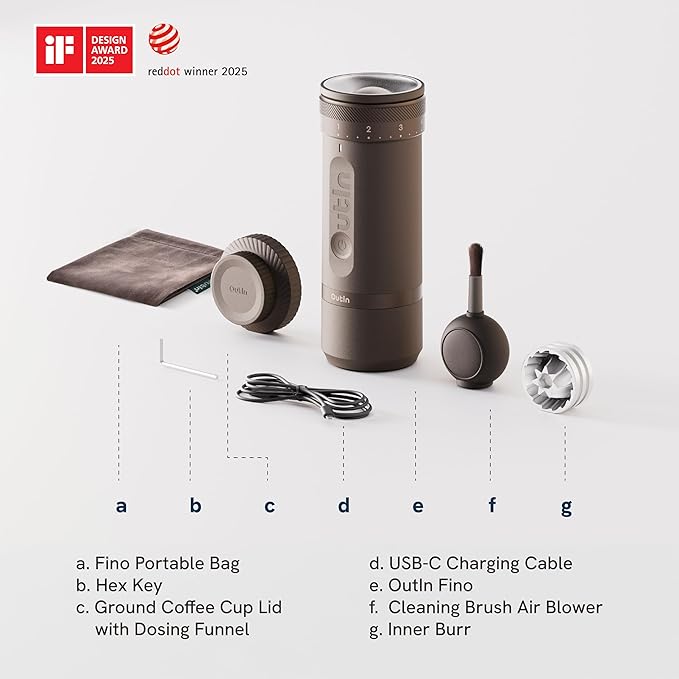 OutIn Fino Portable Electric Coffee Grinder,Adjustable Coffee Bean Grinder with 28 Precise Grind Setting,One-Button Burr Coffee Grinder with Fast‑Charge Battery, Auto‑Stop & Clog‑Protection