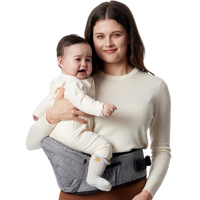 Momcozy Hip Seat Baby Carrier - Adjustable Waistband with Original 3D Belly Protector, Ergonomic Carrier with Various Pockets for Newborns & Toddlers up to 45lbs (Grey, Large)