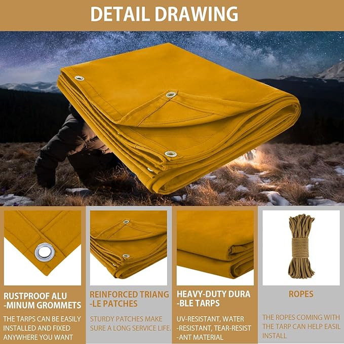 FoundGo 10x12ft Canvas Tarp 22 Mil Tarps 14 oz Canvas Tarpaulin Heavy Duty Cloth Water/UV Resistant Cover with Rustproof Grommets & Ropes for Cars,Roofs,Boats,Camps,Sunshades，Moisture Barrier -Tan