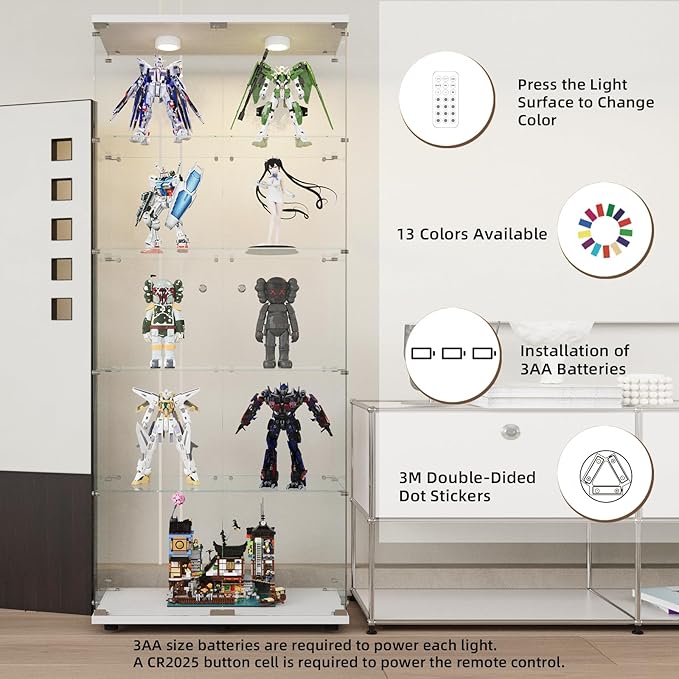 Beauty4U Glass Display Cabinet with Lights, 5 Shelves with 2 Doors, Curio Cabinets for Living Room, Bedroom, Office, White Floor Standing Glass Bookshelf, Quick Installation