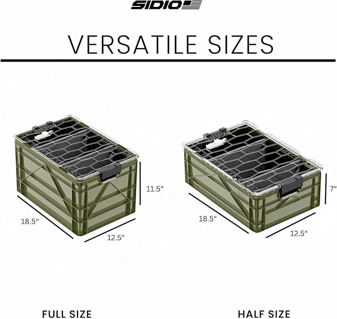 SIDIO CRATE Starter Pack - Two Full Size and One Half Size SidioCrate, Stackable Outdoor Organizer Storage Bins with Clear Lid and Dividers - Green