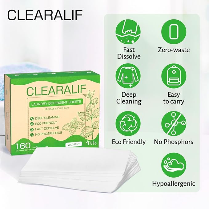 Laundry Detergent Sheets Up to 160 Loads, Wild Mint - Great For Travel,Apartments, Dorms,CLEARALIF Laundry Detergent Strips Eco Friendly & Hypoallergenic - 80 Sheets