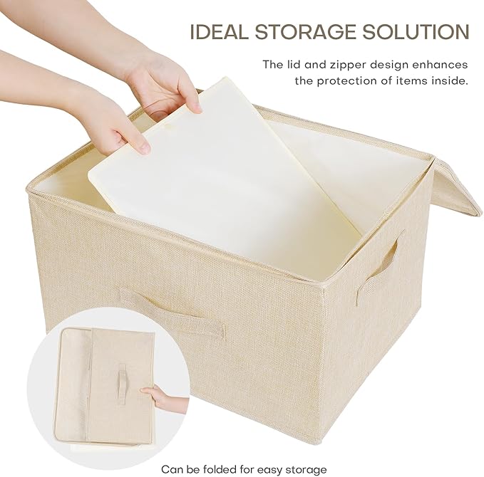 ANMINY 2PCS Storage Bins with Zipper Lids 36 Qt Lidded Fabric Storage Boxes Baskets Cubes with Handles Collapsible Washable Cotton Linen Closet Shelf Clothes Organizer Containers - Beige, Large