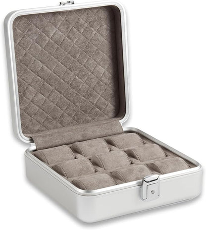 Bey-Berk Personalized Prague Aluminum 9-Slot Watch Case (Silver), Locking Travel Metal Watch Box with Quilted Interior, 9.75" x 3" x 10.25"