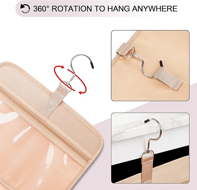 Travel Hanging Toiletry Bag for Women, Extra Large Makeup Bag, Holds Full-Size Shampoo, with Jewelry Organizer Compartment, Waterproof Cosmetic Bag, Toiletries Kit Set with Trolley Belt, Baby Pink