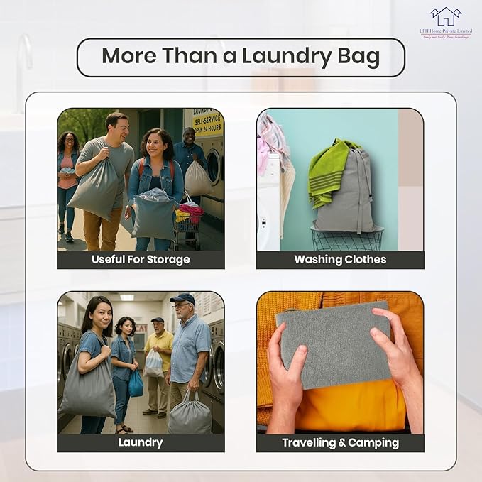 LFH Home Cotton Canvas Large Laundry Bag with Handle, Heavy Duty Drawstring Closure Washable Laundry Bags, School Travel, Home, Hotel, College Dorm, Organizer Sack, Toys Clothes 20x30 (Pack of 6)-Grey