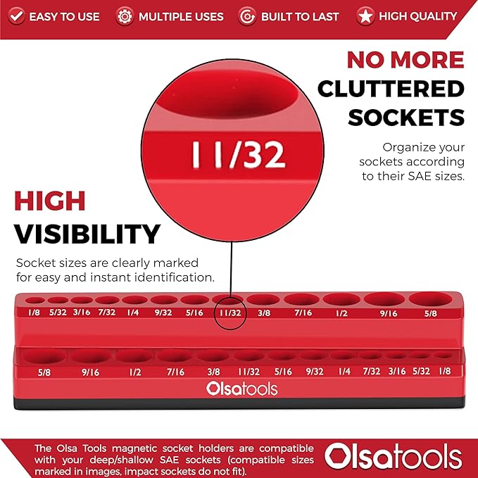 Olsa Tools Magnetic Socket Organizer | 1/4-inch Drive | SAE | RED | Holds 26 Sockets | Professional Quality Tools Organizer