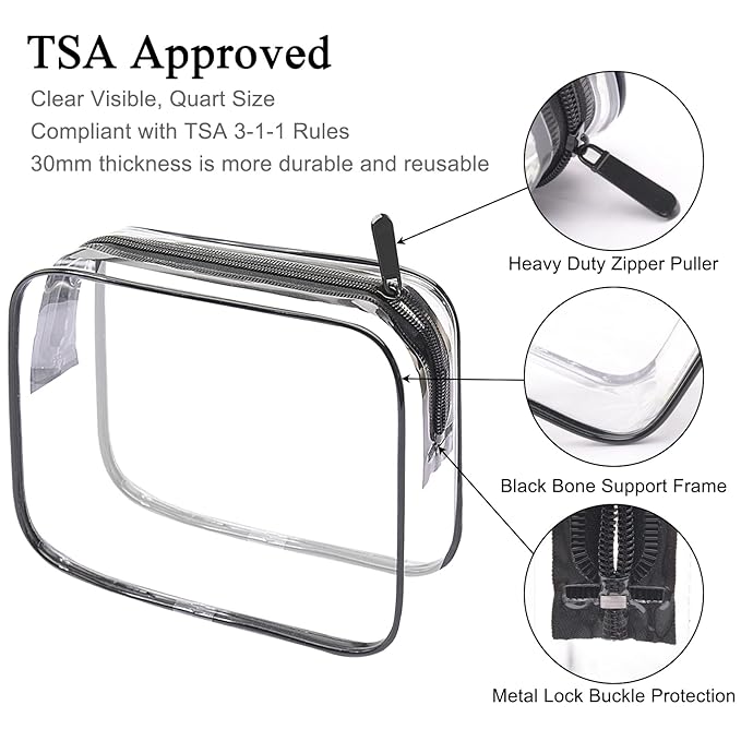 Lermende 2pcs Clear Toiletry Bag TSA Approved Travel Bag,Carry On for Travel,Airport Airline Accessories Compliant Bag,Quart Sized Makeup Cosmetic bag Women Men (Transparent Black, 3 Pack)