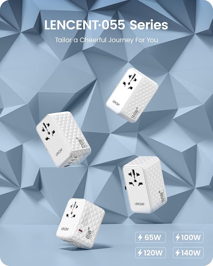 LENCENT 65W Universal Travel Adapter, GaN International Fast Charger 2 USB-A & 2 USB-C Power Plug Converter, Power Outlet Adapter for Phones,Laptops, All in One Travel Essentials for EU/USA/UK/AU