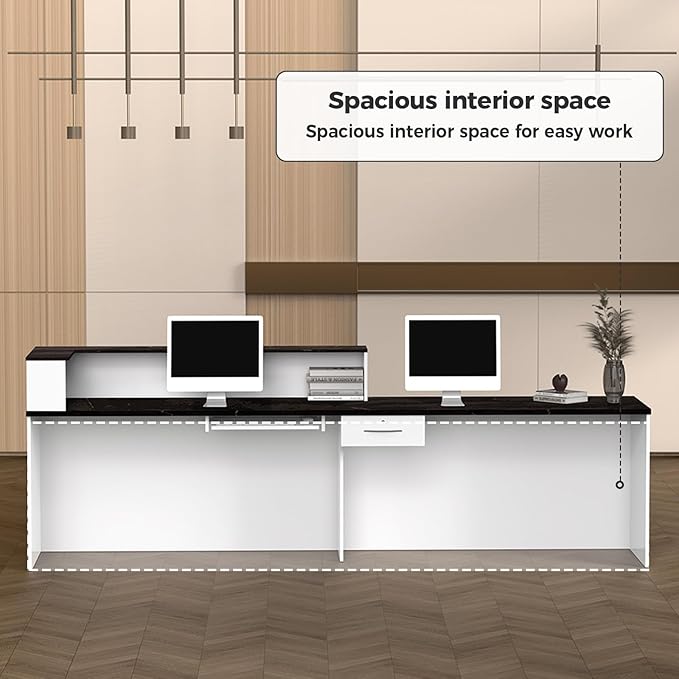 L Shape Reception Desk with Counter, Lockable Drawer, Keyboard Tray, and Double-Layer Storage for Salon, Office, or Clinic (White+Black/Left, 71" L*24" W*39" H)