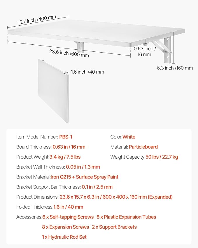VEVOR Wall Mounted Folding Table, 23.6 x 15.7 inches Wall Mount Table, Floating Desk with Iron Bracket for Small Spaces, Home Office, Dining, Laundry Room, Kitchen, Bar, White