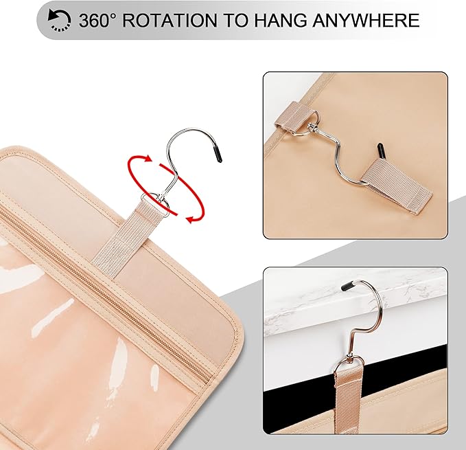 Travel Hanging Toiletry Bag for Women, Holds Full-Size Shampoo, with Jewelry Organizer Compartment, Extra Large Makeup Bag, Waterproof Cosmetic Bag, Toiletries Kit Set with Trolley Belt, Black