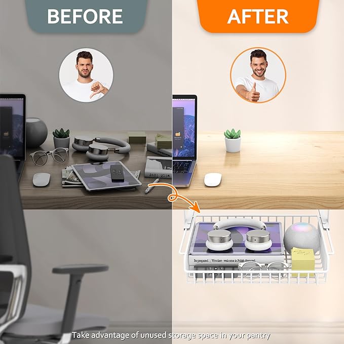 Under Desk Drawer, Slide Out Design,No Drill Metal Under Desk Cable Management, Under Table Storage Shelf Tray Basket Under Table Drawer Organizer for Office, Home, Workspace, Cabinet