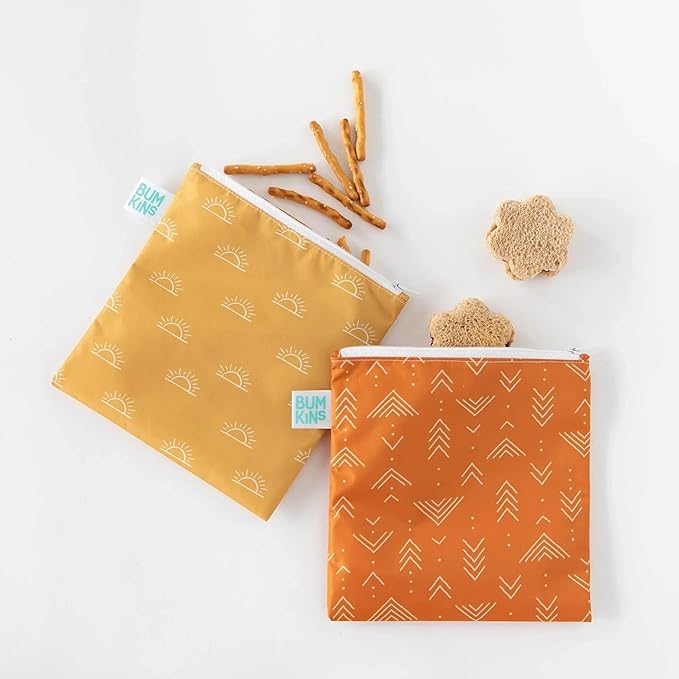 Bumkins Reusable Sandwich and Snack Bags, for Kids School Lunch and for Adults Portion, Washable Fabric, Waterproof Cloth Zip Bag, Travel Pouch, Food-Safe Storage, Large 2-pk Desert Boho