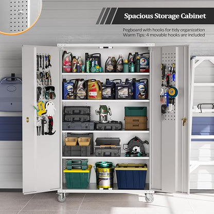 VINGLI Upgraded Wide & Deep Garage Storage Cabinet, Metal Storage Cabinet with Pegboards, Wheels, Locking Doors and Adjustable Shelves (Gray, 43''W x 20''D x 72''H)
