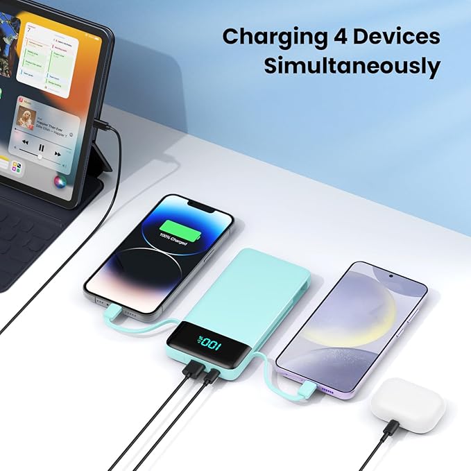 Portable Charger for iPhone with Built in Cables and Wall Plug,Upgraded 13800mAh Fast Charging USB C Power Bank,4 Outputs Travel Essential Battery Pack Compatible with iPhone 15/14/13/12,Samsung-Green