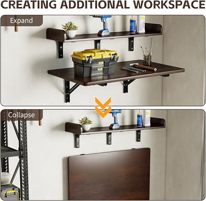 Nisorpa 2 Layers Wall Mounted Folding Table, 32" x 18" Foldable Work Table with Shelf Heavy Duty Fold Down Desk Space Saving Foldable Workbench for Home Office Laundry Kitchen Workshop, Garage
