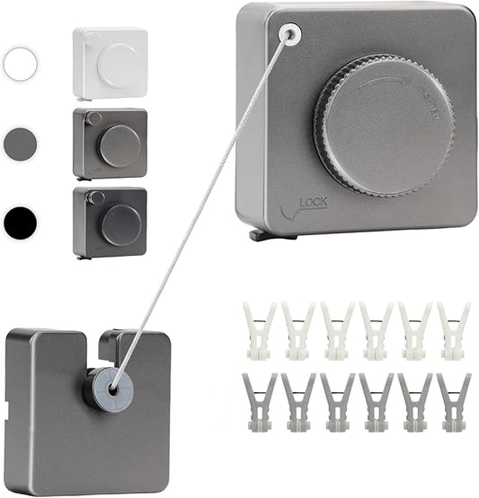 15.7Ft Retractable Clothesline Indoor an Anti-sag Retractable Clothesline Outdoor,Laundry Line Wall Mounted Stainless Steel Wire Laundry, with 12 Clip(Gray)